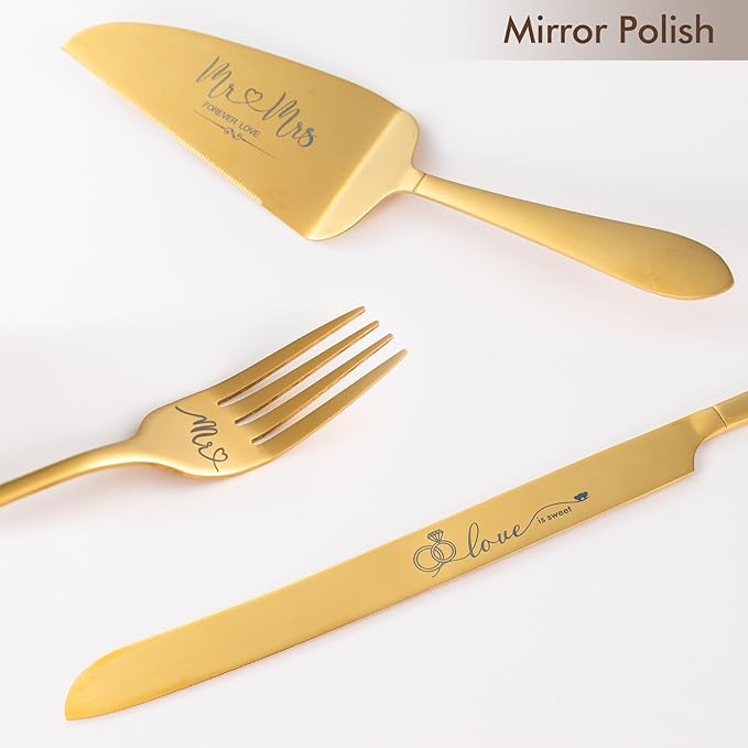 Gold Cake Cutting Set for Wedding, Wedding Cake Knife and Server Set, Cake Cutter and Pie Server Set of 4 for Mr and Mrs Wedding Gifts (Gold)