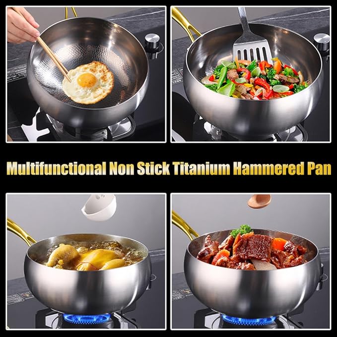 Titanium Hammered Pan with Lid, Thickened Multi-Layer Titanium Wok Pan, Scratch-Resistant Non Stick Stock Pot, Even Heating for Cooking,With steamer,10.24IN