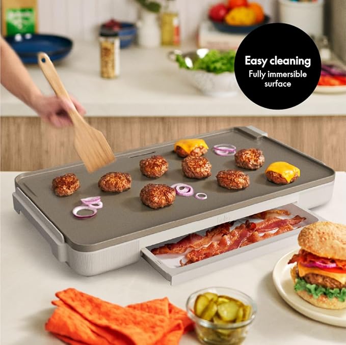 bella 12" x 22" Electric Griddle with Warming Tray, EverGood??Ceramic Nonstick Coating & Removable Temperature Probe, Dishwasher-Safe Drip Tray & Cool Touch Handles, 1500 Watt, Oatmilk