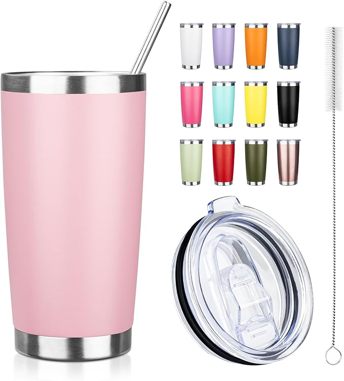 ATIKZHE 20oz Tumbler with Straw and Brush, Stainless Steel Vacuum Insulated tumbler, Double Wall Insulated Coffee Tumbler for Outdoor, Home, Travel,Office (Light Pink,1pcs)
