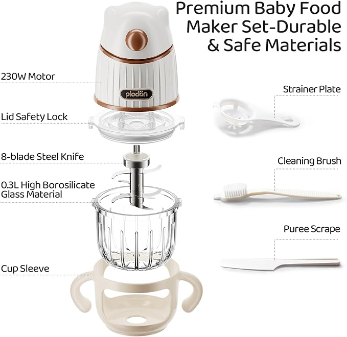 Baby blender food maker, PLODON 15-in-1 baby food processor set, suitable for fruits, vegetables, and meat, compatible with stage-based recipes, separator, silicone spoon, scraper, (WHITE）