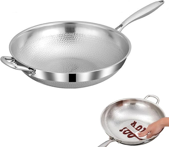 Titanium Hammered Wok, No Coating Non-Stick Titanium Cookware, Frying Pans, Hammered Pan,Ultra-Durable, Scratch-Resistant, Even Heating Frying Pans, Safe for Oven,No lid,12.59in