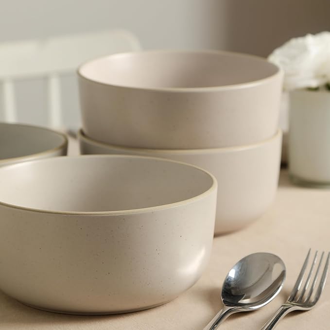 Earth & Clay Amber 24-Piece Dinnerware Set Stoneware, Dishwasher and Microwave Safe Plates and Bowls Set, Dish Set for 8, White Speckled