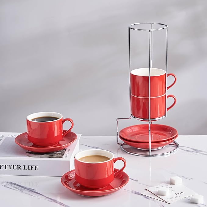 8oz Porcelain Cappuccino Cups with Saucers and Metal Stand, Stackable Coffee Cups for Specialty Coffee Drinks, Cappuccino, Latte, Espresso, Americano and Tea - Cups Set of 4, Red