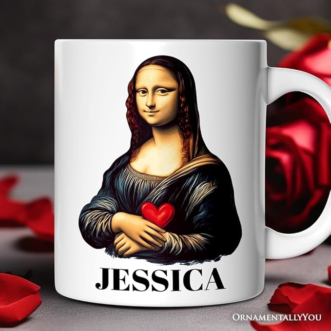 OrnamentallyYou Personalized Valentine Mug (Valentine Style Mona Lisa Personalized Mug, Leonardo da Vinci Vintage Art Lover Gift)