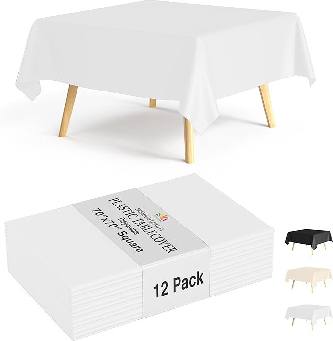 Party Solids 12-Pack White Square Plastic Disposable Tablecloth ??Size: 70 횞 70 Inches ??Square Table Cover for Parties, Picnics & Formal Events