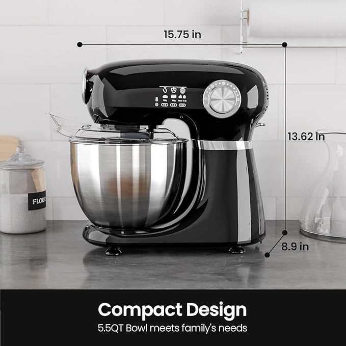 Kismile 5.5QT Tilt-Head Stand Mixer, 12-Speed Electric Kitchen Mixer with 304 Stainless Steel Bowl - Includes Dough Hook, Whisk, Beater for Baking Bread, Cakes, Cookies（Black）
