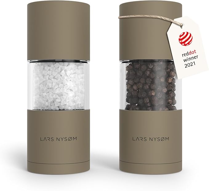 LARS NYS횠M Salt and Pepper Grinder Set, Manual Salt and Pepper Mills with Adjustable Ceramic Grinder, Design Spice Shaker Set (Taupe Brown)