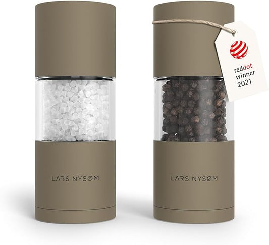 LARS NYS횠M Salt and Pepper Grinder Set, Manual Salt and Pepper Mills with Adjustable Ceramic Grinder, Design Spice Shaker Set (Taupe Brown)