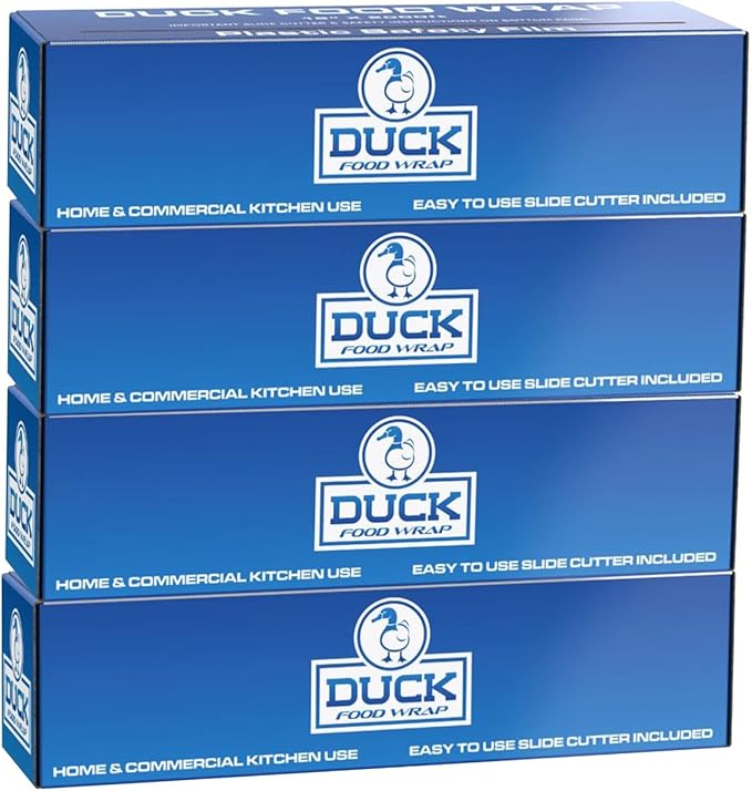 Duck Food Safety Film, 18 inch x 2000ft Plastic Wrap, Commercial Grade, Great for Sealing and Storage, Used for Food Service Industry, Easy to Use Slide Cutter for Clean Cut Use (4 Box)