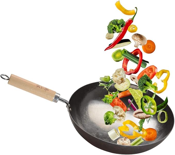 ZhenSanHuan Chinese Hand Hammered Iron Pow Woks and Stir Fry Pans Wooden Handle (Seasoned 32CM)