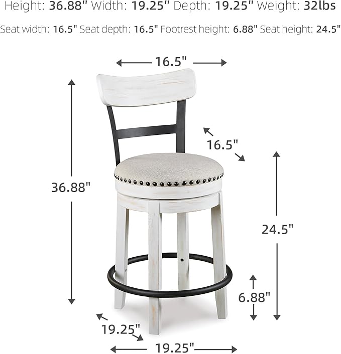 Signature Design by Ashley Valebeck | Modern Swivel 24.5" Counter Height Barstool ??Rustic-Industrial Whitewash, Upholstered Cushion, 360째 Swivel, Nailhead Trim
