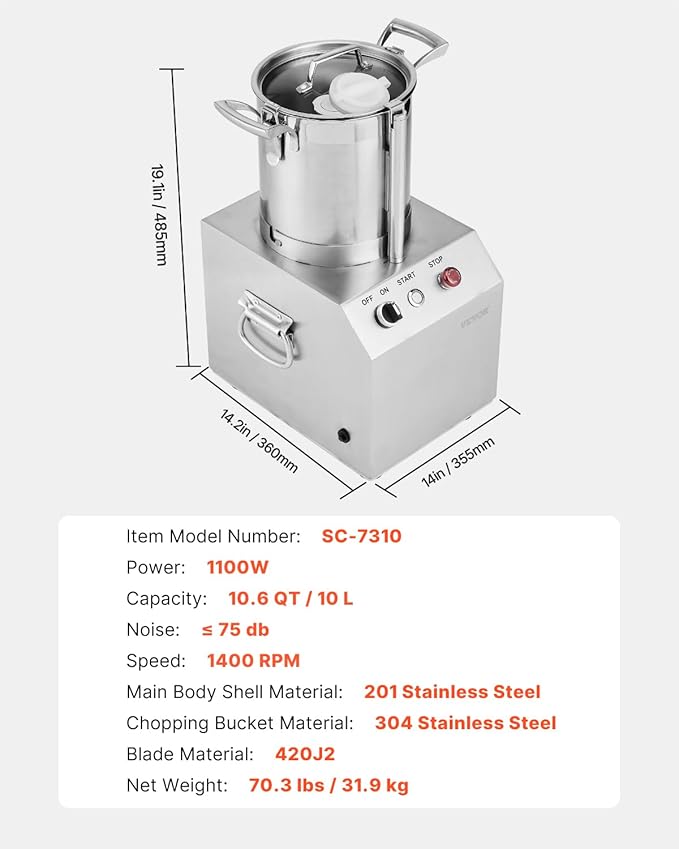 VEVOR Food Processor & Vegetable Chopper, 10.6 Quart Food-Grade Stainless Steel Food Processor Chopper with 2 Extra S-Curve Blades, Idea for Chopping Vegetables, Fruit, Grains, Nuts