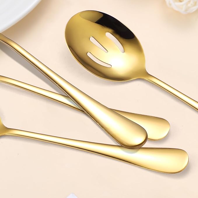 A쨌 HOUSEWARE Gold Kitchen Utensils Serving Set 10 Piece Catering Silverware Stainless Steel Flatware for Buffet Party include Tong Serving Spatula Skimmer Ladles Big Fork Cheese Knife Dessert Spoon
