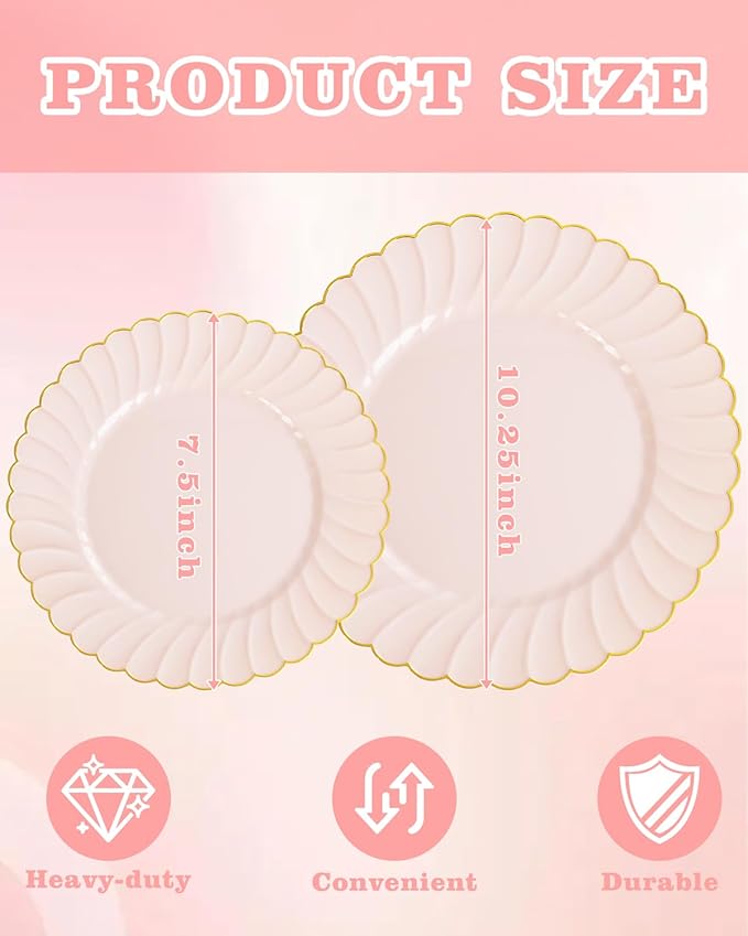 YOUBET 100PCS Pink Scalloped Plastic Plates - Heavy Duty Gold Disposable Fancy Hard Plates Include 50 Dinner Plate, 50 Dessert Plate, for Wedding & Party Valentines Day