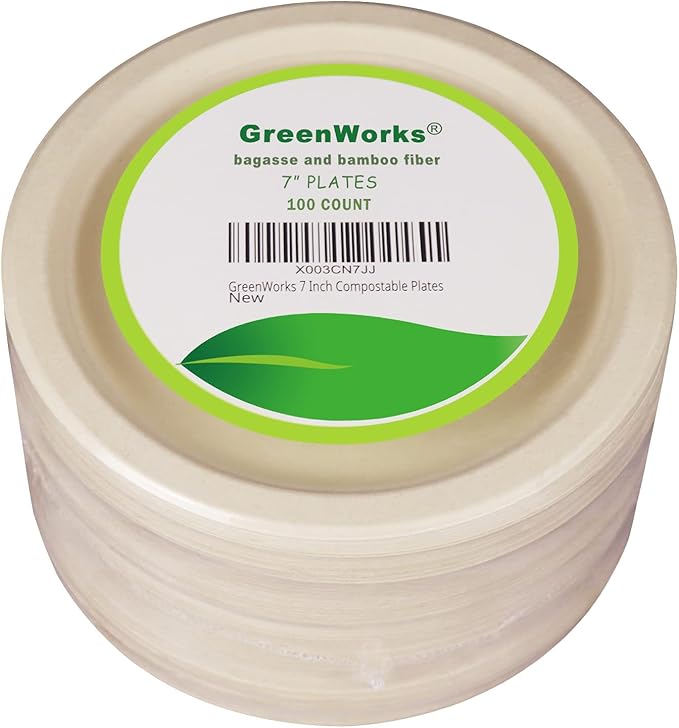 GreenWorks 100 Count 7??Heavy-duty Compostable Plates, Unbleached Biodegradable Bagasse and Bamboo fiber Paper Plates
