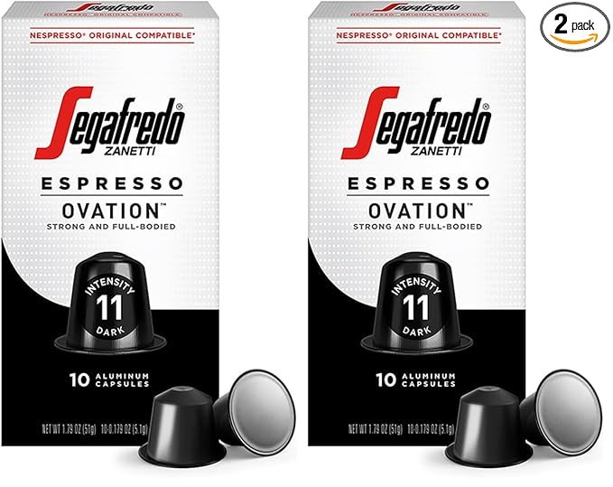Segafredo Zanetti Espresso Capsules ??Aluminum Pods for Nespresso Original Machines ??Dark Roast Premium Espresso with a Full-Bodied Aroma ??Strong, Intensity 11 ??Ovation, 10 Count (Pack of 2)