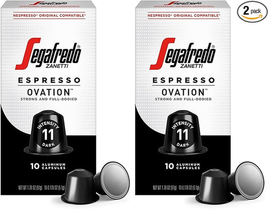 Segafredo Zanetti Espresso Capsules ??Aluminum Pods for Nespresso Original Machines ??Dark Roast Premium Espresso with a Full-Bodied Aroma ??Strong, Intensity 11 ??Ovation, 10 Count (Pack of 2)