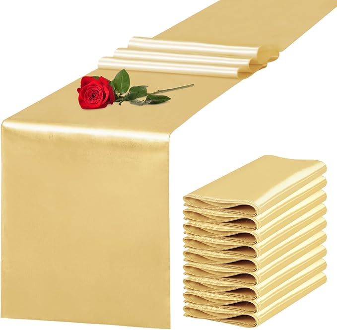 Yblut 10 Pack Satin Table Runner 12 x 108 Inch Long Light Gold Silk Table Runner for Wedding Party Banquet Birthday Decoration