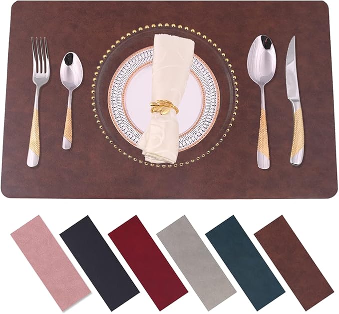 Reusable Faux Leather Eco-Friendly Placemats Set of 4,Wipeable Soft Place Mats,Waterproof&Oilproof Table Mats,Washable,Heat-Resistant,Non-Slip for Kitchen(Brown,4)