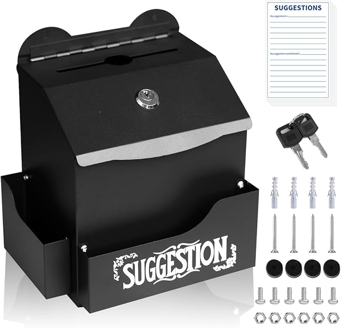 Metal Suggestion Box with Suggestions Lettering, Wall-Mounted&Tabletop With Lock Pen Holder Suggestion Cards*50pcs for Fundraising Comment Voting Prayer Money Drop Donation 8.46횞5.9횞6.96"