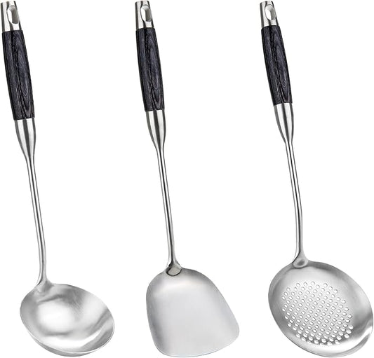FJNATINH Wok Spatulas Soup Ladle Skimmer Ladle Set, Stainless Steel Wok Tools with Wooden Handle Wok Accessories Sets Cooking Utensils,3 PCS