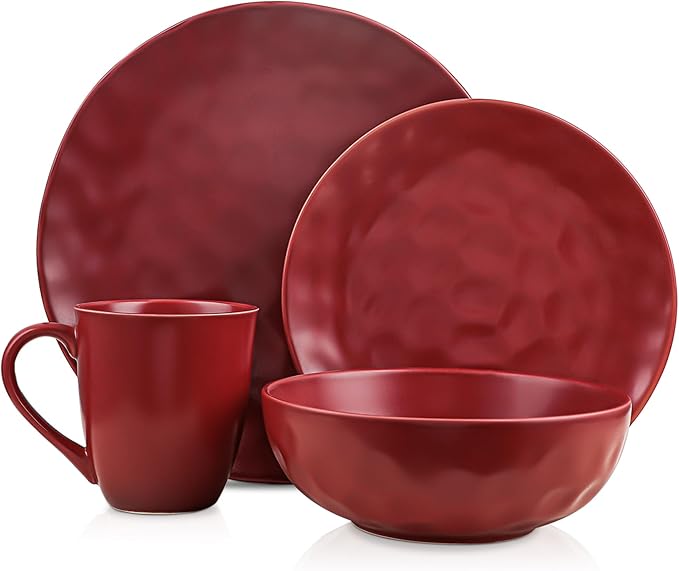 Stone Lain Sam Porcelain16 Piece Dinnerware Set, Home Kitchen Dish Set with Dinner Plates, Salad Plates, Bowls, & Mugs - Service for 4, Red