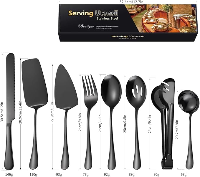 AARAINBOW Exquisite 8 Pieces Serving Utensils Set, Stainless Steel Serving Utensils Large Hostess Serving Set with Serving Spoons, Serving Tongs, Serving Fork, Cake Knife for Parties Buffet (8 Black)…