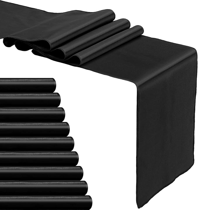 10-Pack Black Satin Table Runner 12 x 108 Inch Long Bright and Smooth Silk Fabric Table Runner for Wedding Banquet Birthday Party Decoration