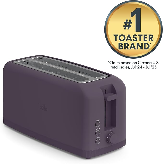 bella 4 Slice Slim Toaster, Fits-anywhere??Kitchenware, 6 Setting Shade Control with Reheat & Cancel Buttons, Fits Sourdough, 10??Long Slot, Anti Jam & Auto Shutoff, 900 Watt, Plum