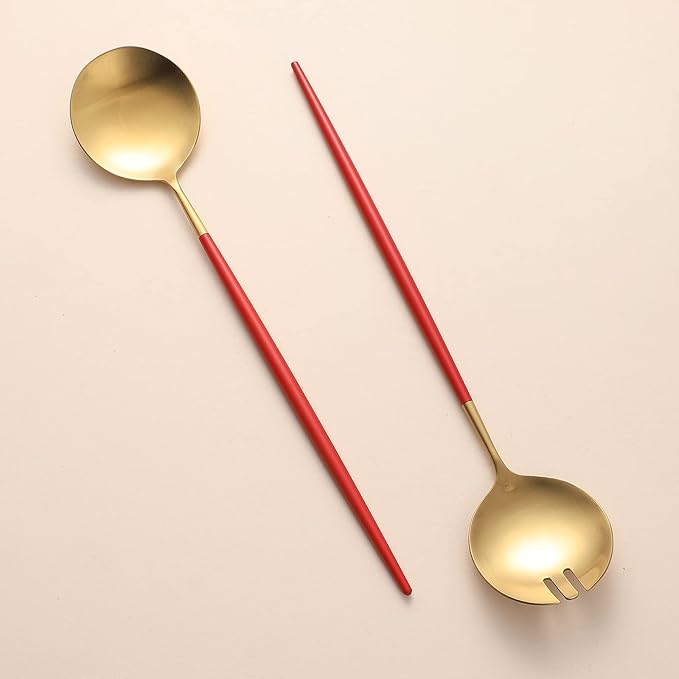 Salad Servers,Spoon and Fork Set 11.41 inch,18/10 Stainless Steel Salad Serving Titanium Plating (Red gold)