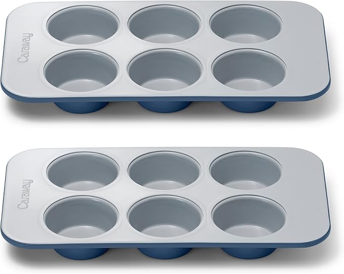 Caraway Nonstick Ceramic 6 Cup Muffin Pan Duo ??Non-Toxic, PTFE & PFOA Free ??Oven Safe ??Aluminized Steel Core ??Small Muffin Pan for Baking Cupcakes, Muffins & More - Navy