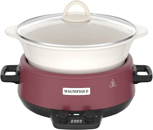 MAGNIFIQUE 5 Quart Programmable Slow Cooker with Auto Warm Setting, Glazed Ceramic Liner, Kitchen Small Appliance for Family Dinners, Red