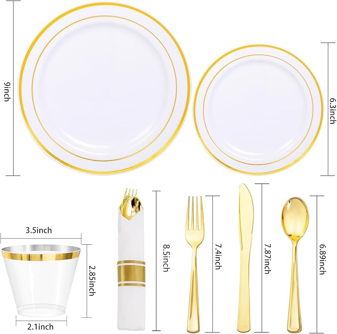 350Piece Gold Dinnerware Set for 50 Guests - Gold Plastic Plates with Disposable Cutlery Include:50Dinner Plates-50Dessert Plates-50Pre Rolled Napkins with Silverware for Valentine?셲 Day
