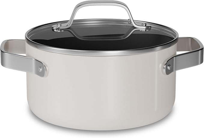 Bakken 3 Quart Ceramic Coated Stock Pot with Lid, Easy to Clean Nonstick Pot, Tempered Glass Lid, Riveted Stainless Steel Handles, Oven Safe Up To 500째F, PTFE & PFAS Free, All Stove Compatible, Cream