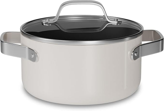 Bakken 3 Quart Ceramic Coated Stock Pot with Lid, Easy to Clean Nonstick Pot, Tempered Glass Lid, Riveted Stainless Steel Handles, Oven Safe Up To 500째F, PTFE & PFAS Free, All Stove Compatible, Cream