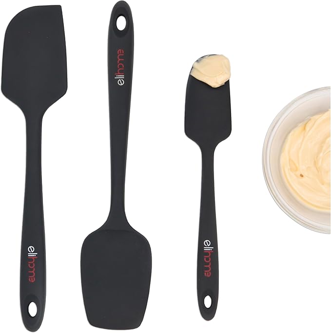 Elihome Chef Series 3 Piece Silicone Spatula Set - 600째F Heat Resistant Non Stick Rubber Kitchen Scraper Spatulas for Cooking, Baking, Mixing ??BPA Free and LFGB Certified Silicone(Black)