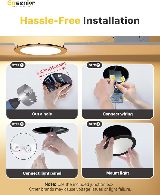 Ensenior 4 Pack 6 Inch LED Recessed Light, Dimmable, 2700K-5000K 5CCT, 1200LM High Brightness, 12W 120V, Damp Rated, Ultra-Thin Canless Wafer Light, Black - ETL & FCC & IC