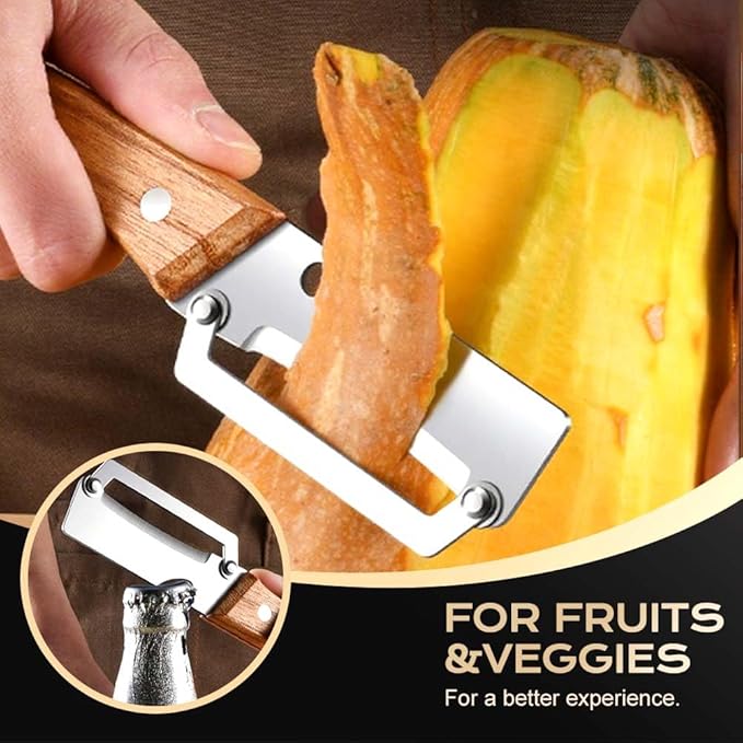 Multi-Functional Vegetable Peeler for Kitchen, Ultra-Sharp Stainless Steel Blade with Wooden Handle and Bottle Opener, For Vegetables or Fruits that Need to Be Peeled (2 Pcs)