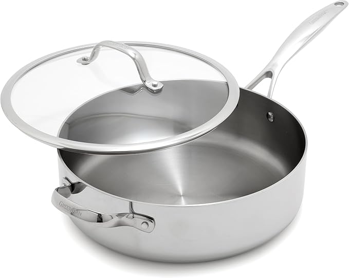 GreenPan Valencia Tri-Ply Stainless Steel 5QT Saute Pan with Lid, Induction Ready, Mirror Finish, Dishwasher Safe & Oven/Broiler Safe to 600F, Compatible with All Cooktops, Silver