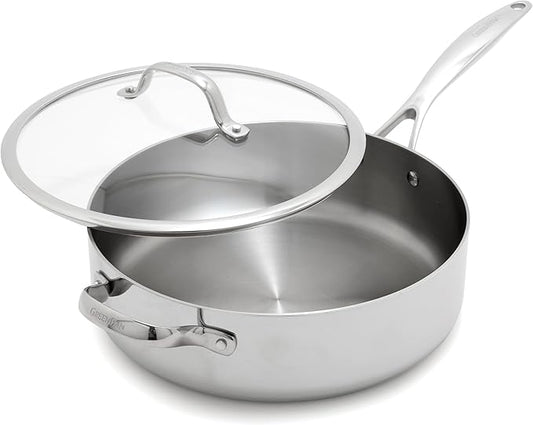 GreenPan Valencia Tri-Ply Stainless Steel 5QT Saute Pan with Lid, Induction Ready, Mirror Finish, Dishwasher Safe & Oven/Broiler Safe to 600F, Compatible with All Cooktops, Silver
