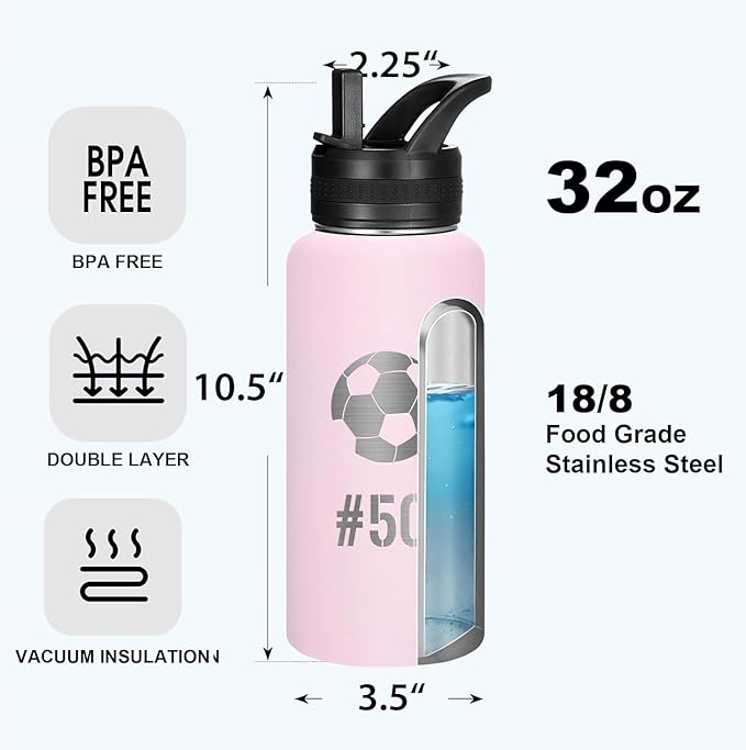 Personalized Laser Engraving Custom Water Bottle Print in USA 32oz Double Wall Stainless Steel Leakproof Wide Mouth Cup with Flip Straw