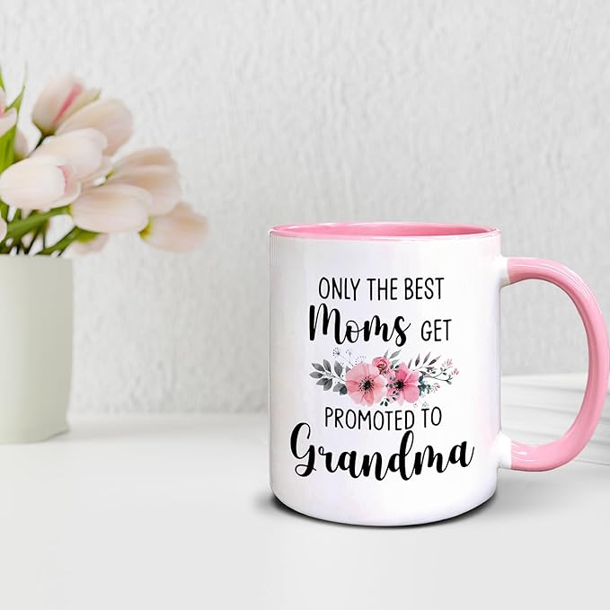 QASHWEY Grandma to Be Gifts Coffee Mugs Mug, Funny Pregnancy Announcement Gifts for Mom NewGrandma, Get Promoted to Grandma Double Side Printed Ceramic Mug Cup 11 Ounce(Pink)