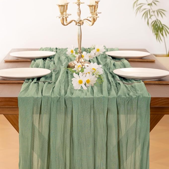 Socomi 3pcs Sage Green Cheesecloth Table Runner Valentine's Day Boho Rustic Gauze 120 inch 10FT Cheese Cloth Runner for Wedding Party Baby Shower Home Decor Holiday Decorations