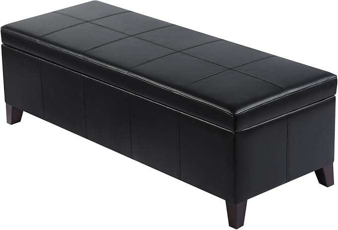DECO DE VILLE Storage Ottoman Bench, 51 Inch Faux Leather Foot Rest with Hinged Lid, Black Bed Bench