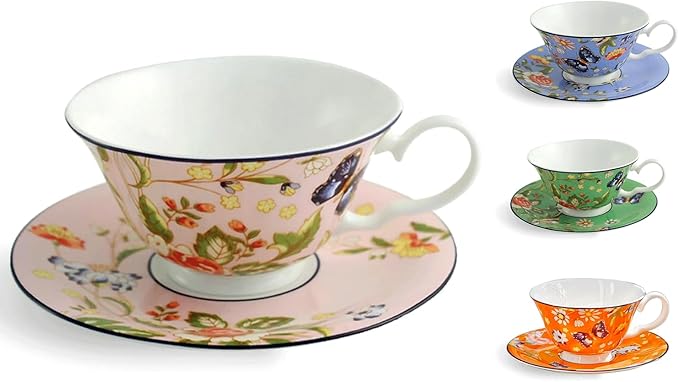 Aynsley Cottage Garden Windsor Fine Bone China Teacup & Saucer - 7.5oz (220ml), Elegant Windsor Shape, Christmas Gift for Tea Lovers, British Craftsmanship-Pink