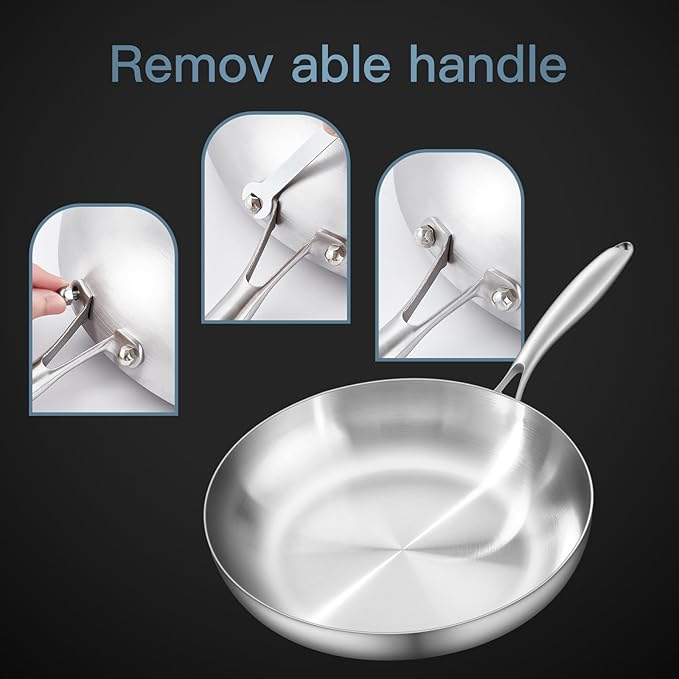 12" Stainless Steel Frying pan, 3-Ply Stainless Steel Pan, Induction, Oven Broiler Safe 600F Skillet, Professional Cookware, Silver竊똕uitable for All Stove (Detachable Handle)