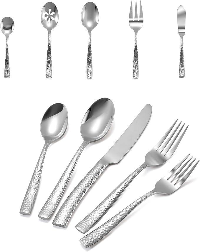 Flatware Set Silver Hammered 45 Pieces Stainless Steel Cutlery Set Silverware Serving Set Home Event Use Wedding Housewarming Gift