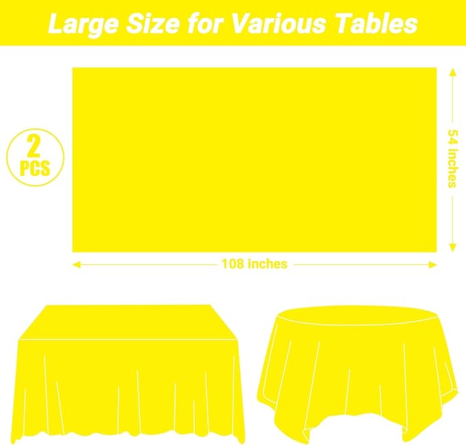 QZYL 2 Pack Plastic Table Cloths, 108 x 54 Inches Yellow Tablecloth, Decorative Yellow Rectangle Tablecloth Disposable Tablecover, Party Decorations Table Decor for Birthday Wedding Picnic
