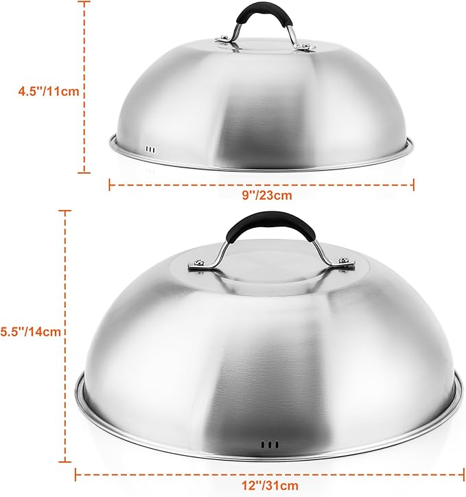 only fire Chesse Melting Dome,9 Inch &12 Inch Heavy Duty Round Basting Steam Cover,Stainless Steel Griddle Accessories for Flat Top Griddle Grill Indoor or Outdoor,2PCS,Dishwasher Safe